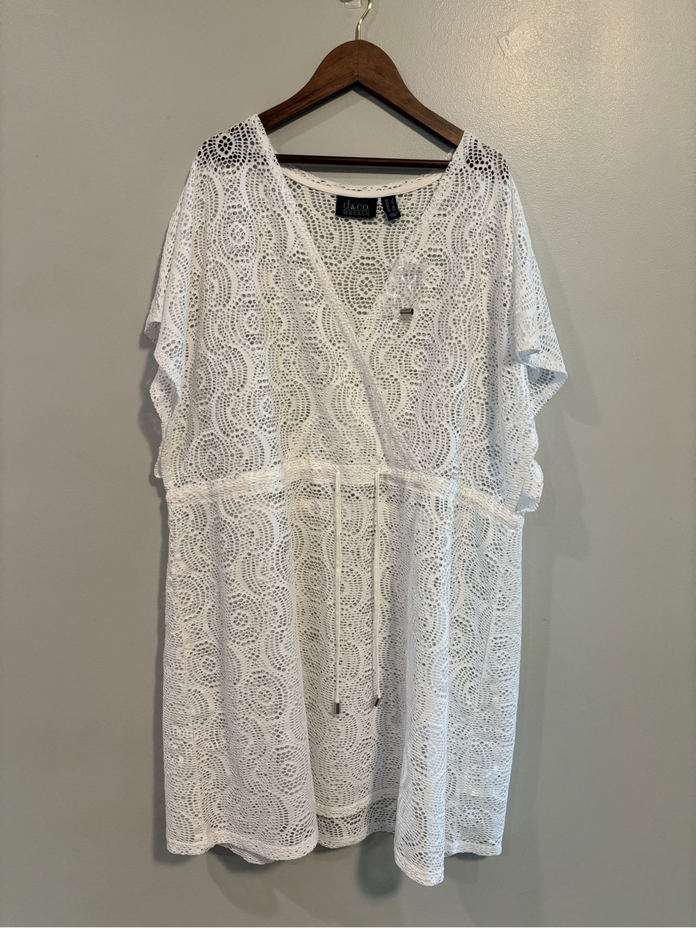 D & Co Beach White Crochet V-Neck Swim Coverup with Drawstring